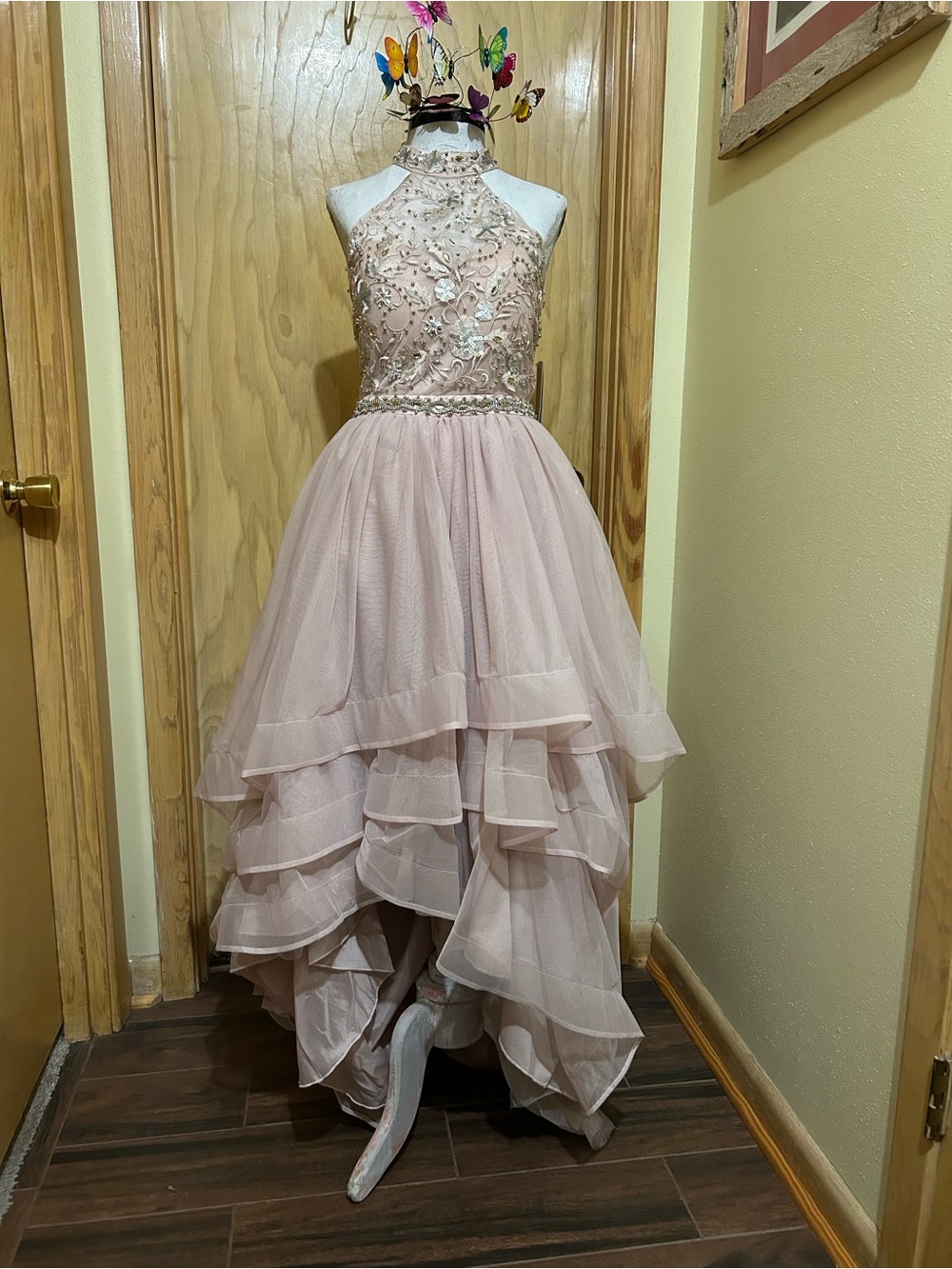 Sequin Hearts Dusty Blush Pink Halter Lace and Beaded High-Low Tulle Dress